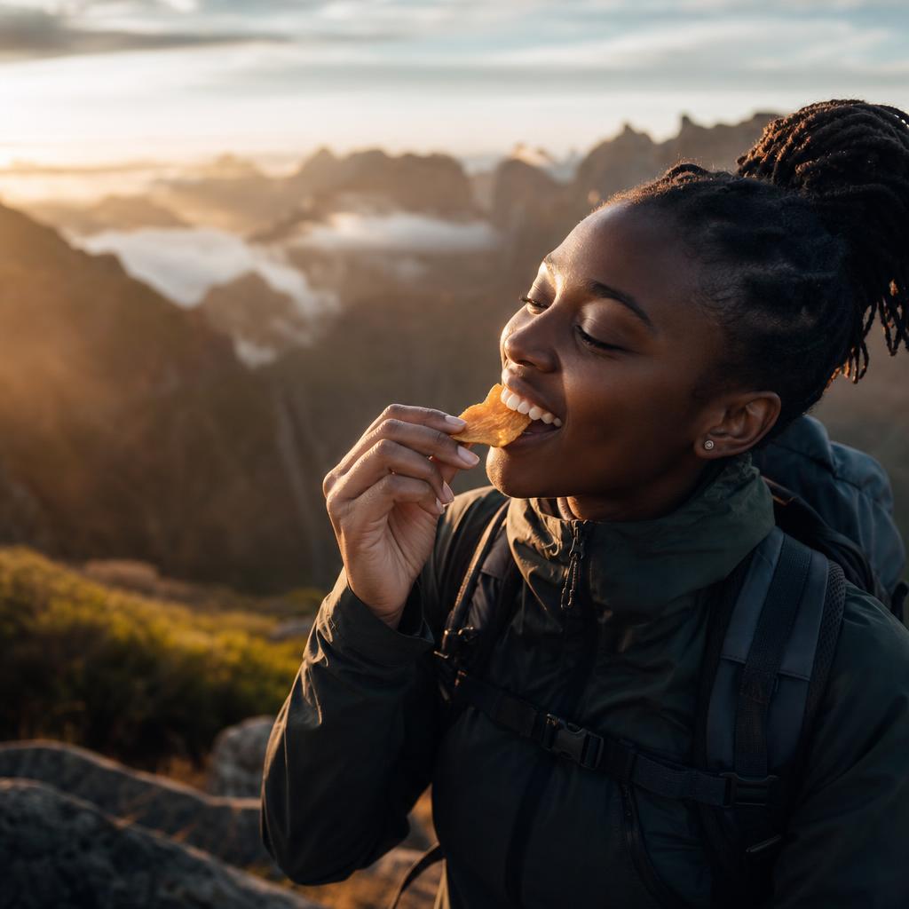 A hiker at sunrise eating a piece of dried fruit