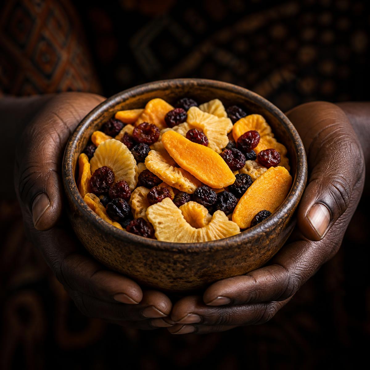 Hands holding a bowl of colourful dried fruit mix