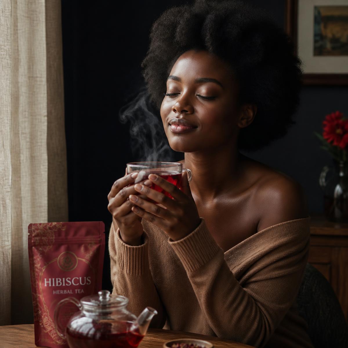 A steaming cup of herbal tea with hibiscus petals